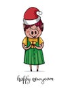 Cute smiling piggy girl in a beautiful dress and Santa`s cap. The character is holding a gift.